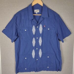 &SONS Club Shirt Men's Large Blue Embroidered Pintuck Guayabera Short Sleeve